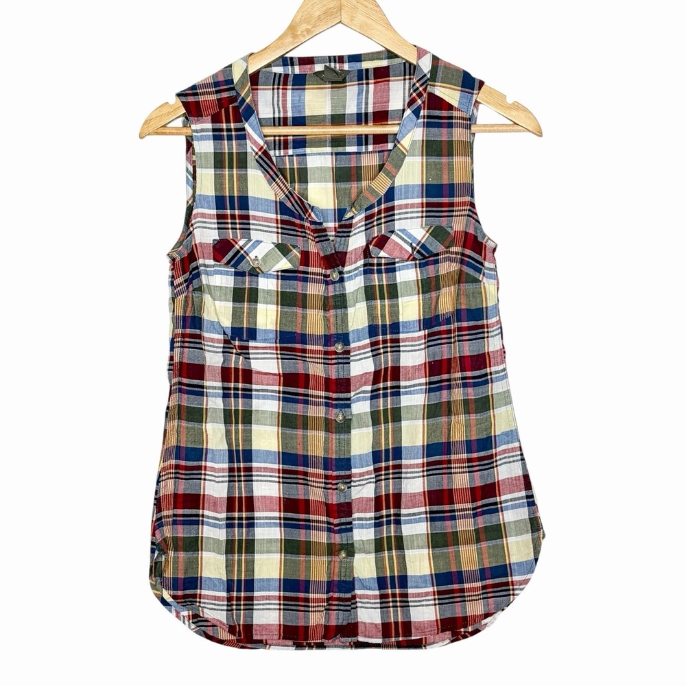 Eddie Bauer Sleeveless Plaid Shirt Womens XS Fisherman Nautical Preppy Granola